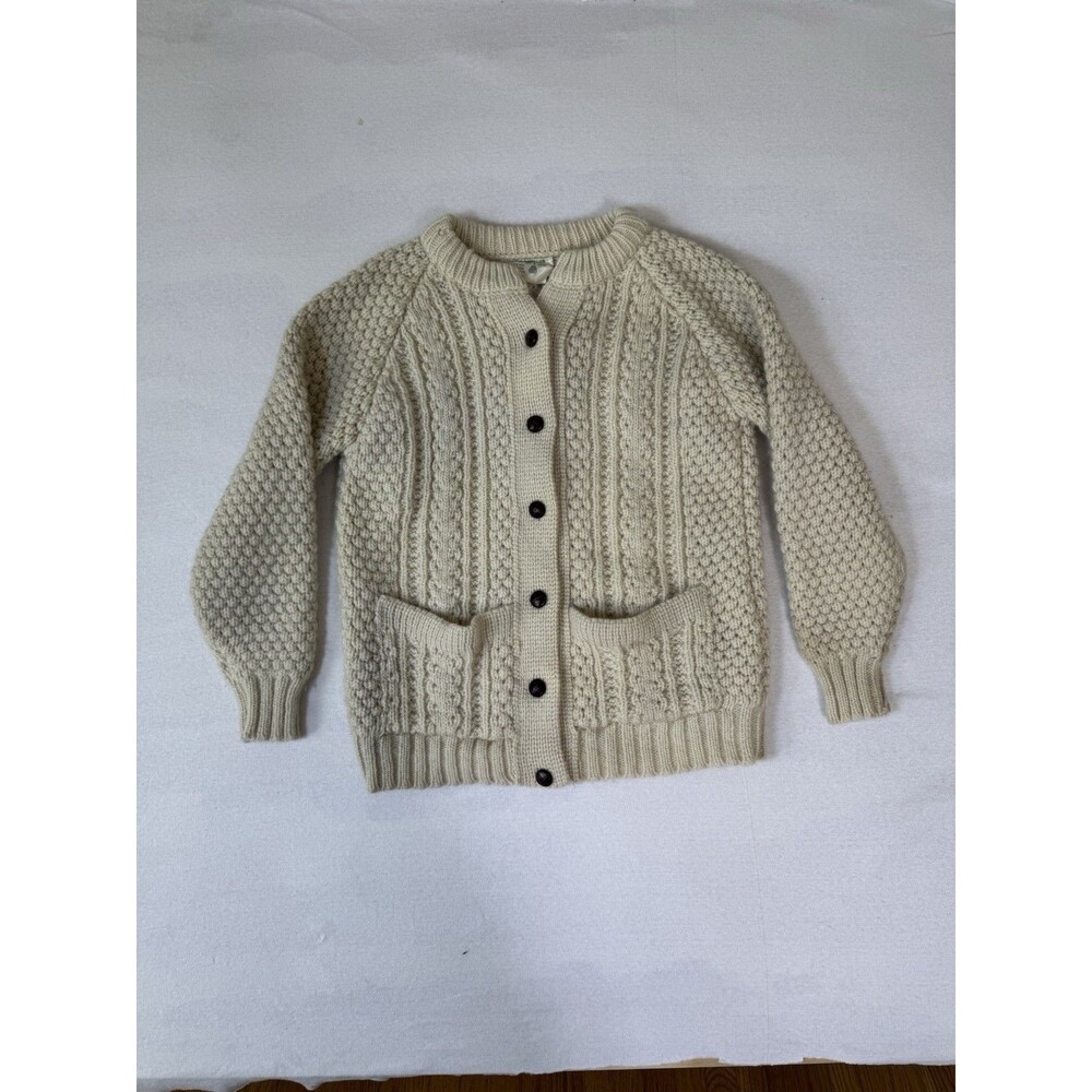 VTG Lisheen Irish Wool Cardigan Cream Aran Cable Knit Fisherman Sweater
